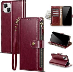 Wine Red PU Leather Flip Wallet Case for iPhone 14 Plus with RFID Blocking Zippe