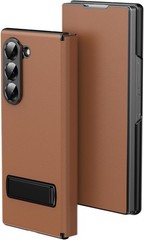 Luxury Brown Leather Flip Case for Samsung Galaxy Z Fold 7 with Multi-Angle Stan