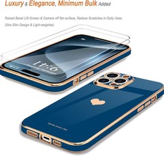 iPhone 15 Pro Case for Girl Women Cute Luxury Gold, Royal Blue with Screen Prote