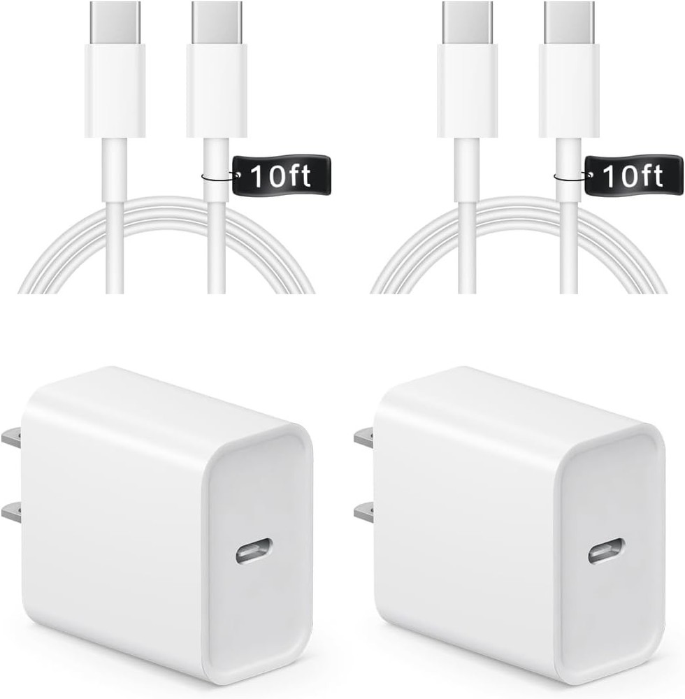 Fast Charging 20W USB-C Charger Block with 10FT Cable for iPhone 15/16/17 Series