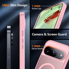 Slim Translucent Matte Back Case for Google Pixel 9/9 Pro, Magnetic, Pink, Milit