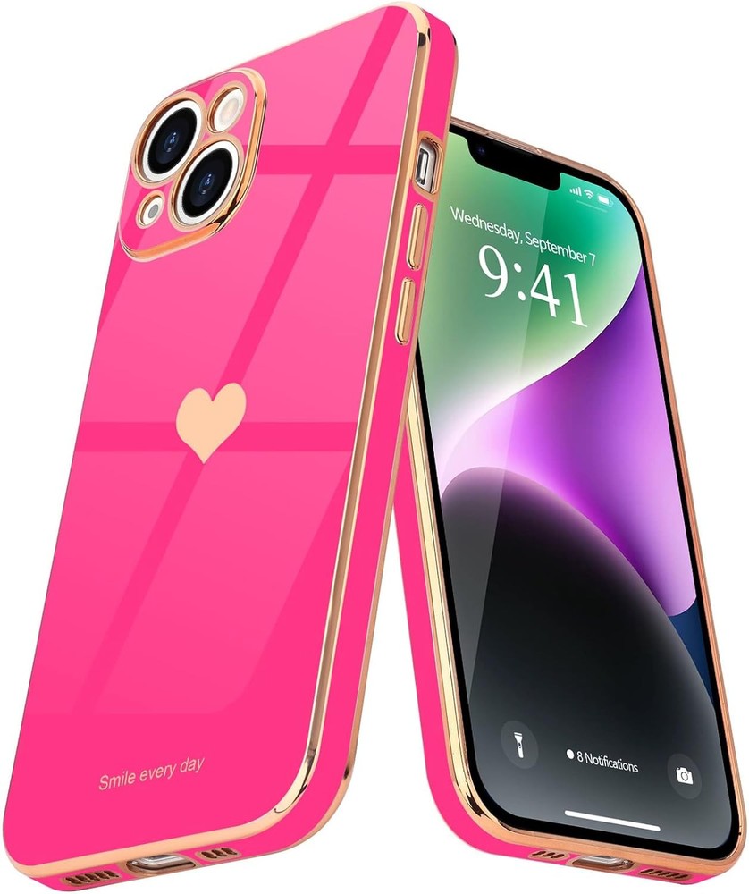 iPhone 14 Plus Case for Women Girl Cute Love Heart Luxury Plating Soft Bling