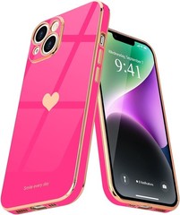 iPhone 14 Plus Case for Women Girl Cute Love Heart Luxury Plating Soft Bling