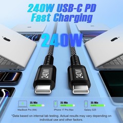 240W USB-C Fast Charger Cable for Samsung Galaxy S26, Pixel 10 Pro 10ft