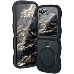 [Magnetic Stand & Wave Frame] Case for Samsung Galaxy Z Flip 6 Ring Cover Black