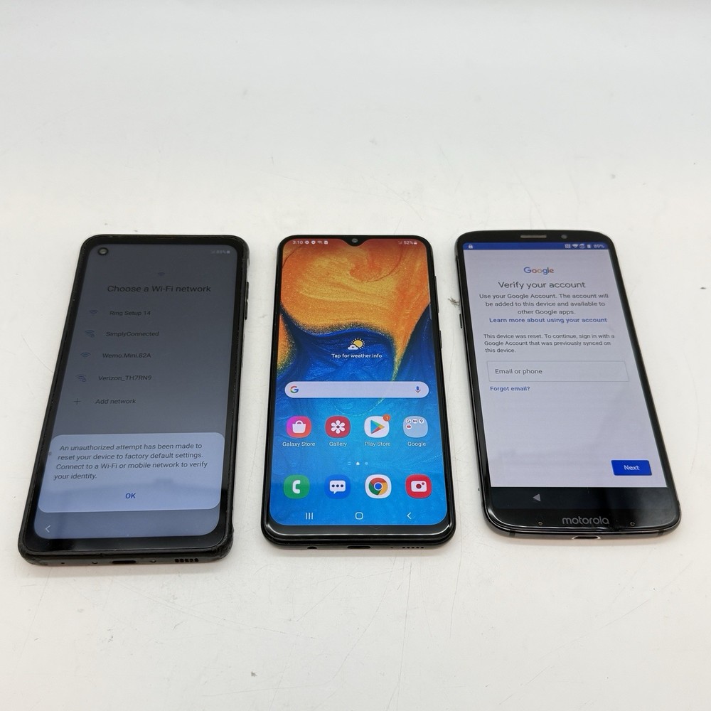 LOT OF 3 – Samsung Galaxy A20 – Samsung Xcover pro – Moto Z3 Play – (B12:16)