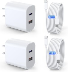 2 Pack 20W Fast Wall Charger for iPad 9/8/7 Generation, iPad Air, 6FT & 10FT Cab