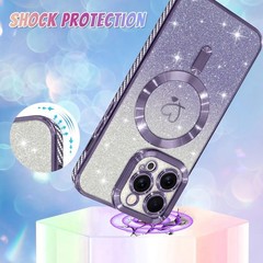 iPhone 14 Pro Max Case Support for Plating Heart Glitter Magnetic Case – Purple