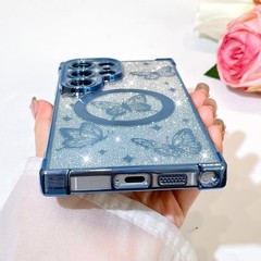 Magnetic Case for Samsung Galaxy S26 Ultra Cute Blue Butterfly Pattern Glitter P