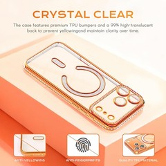 iPhone 15 Case with Magnetic Glitter Diamond, Rhinestone Lens Protector, Gold Sl