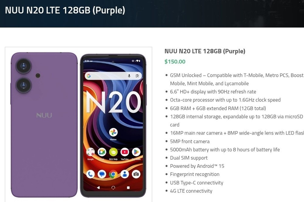 NUU N20 Purple 6GB 128GB 4G Phone for T-Mobile Mint Metro Assurance Wireless