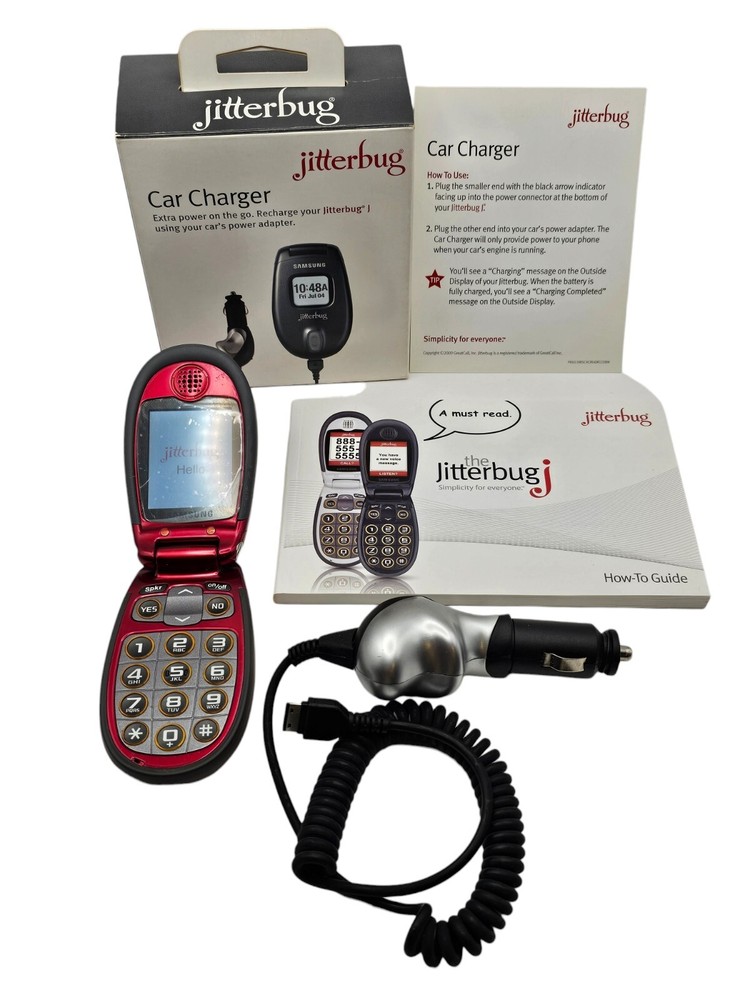 Samsung Jitterbug J SPH-A310 – Red ( GreatCall ) CDMA Flip Phone w/ Car Chager