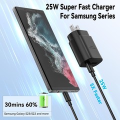 25W Fast Charging Type-C Adapter 2-Pack with 6FT Cable for Samsung Galaxy S25/S2