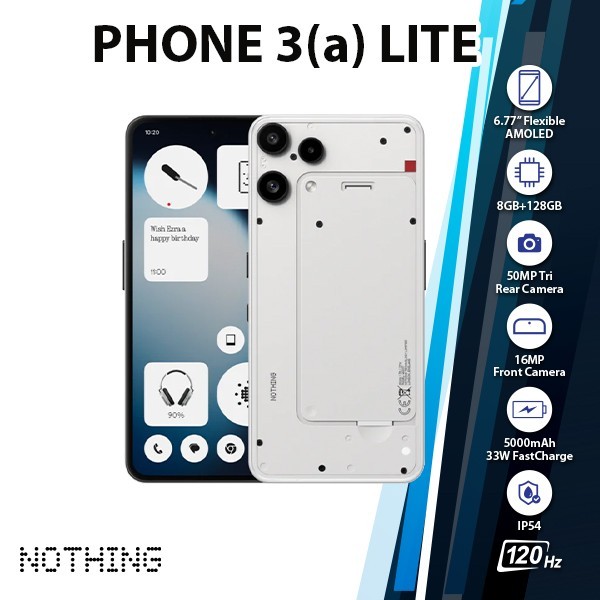 Nothing Phone 3(a) Lite Android Cell Phone (WHITE/8GB+128GB/Dual SIM/Unlocked)