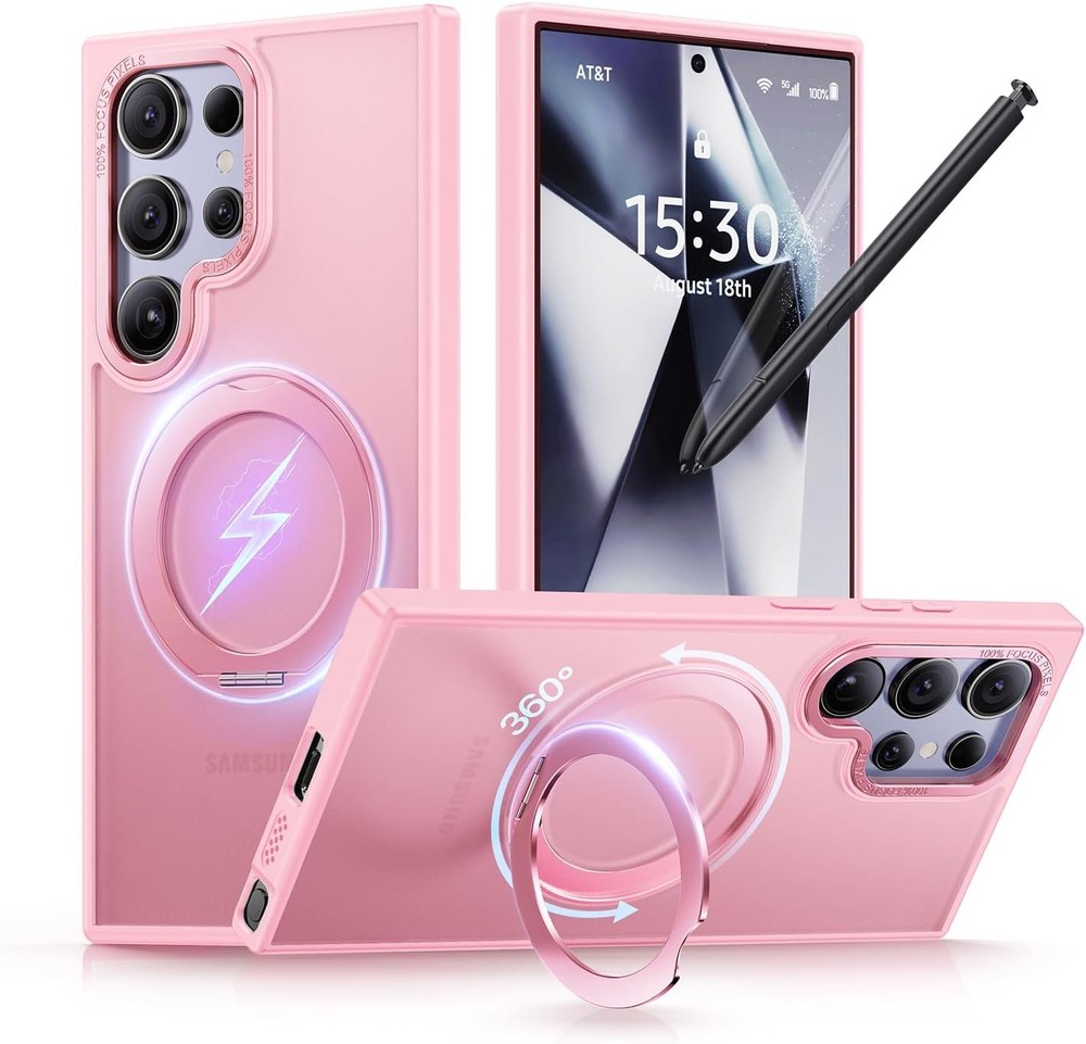 360 Rotatable Magnetic Ring Stand Case for Samsung Galaxy S24 Ultra Pink Militar