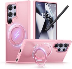 360 Rotatable Magnetic Ring Stand Case for Samsung Galaxy S24 Ultra Pink Militar