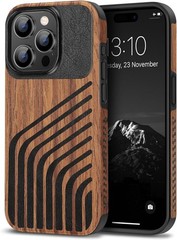 iPhone 15 Pro Case Wood Grain with Carbon Fiber Texture Design Leather Hybrid Sl