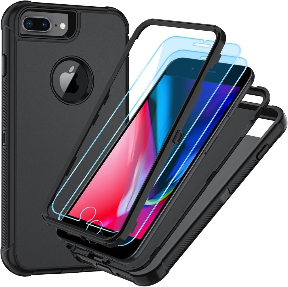 iPhone 6/7/8 Plus Case with HD Screen Protector, 3-Layer Heavy Duty Cover, Black