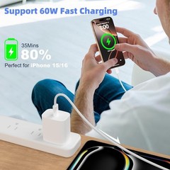 2 Pack 60W Fast Charger Adapter for iPhone 17 16 15 1.2M+2M Cable