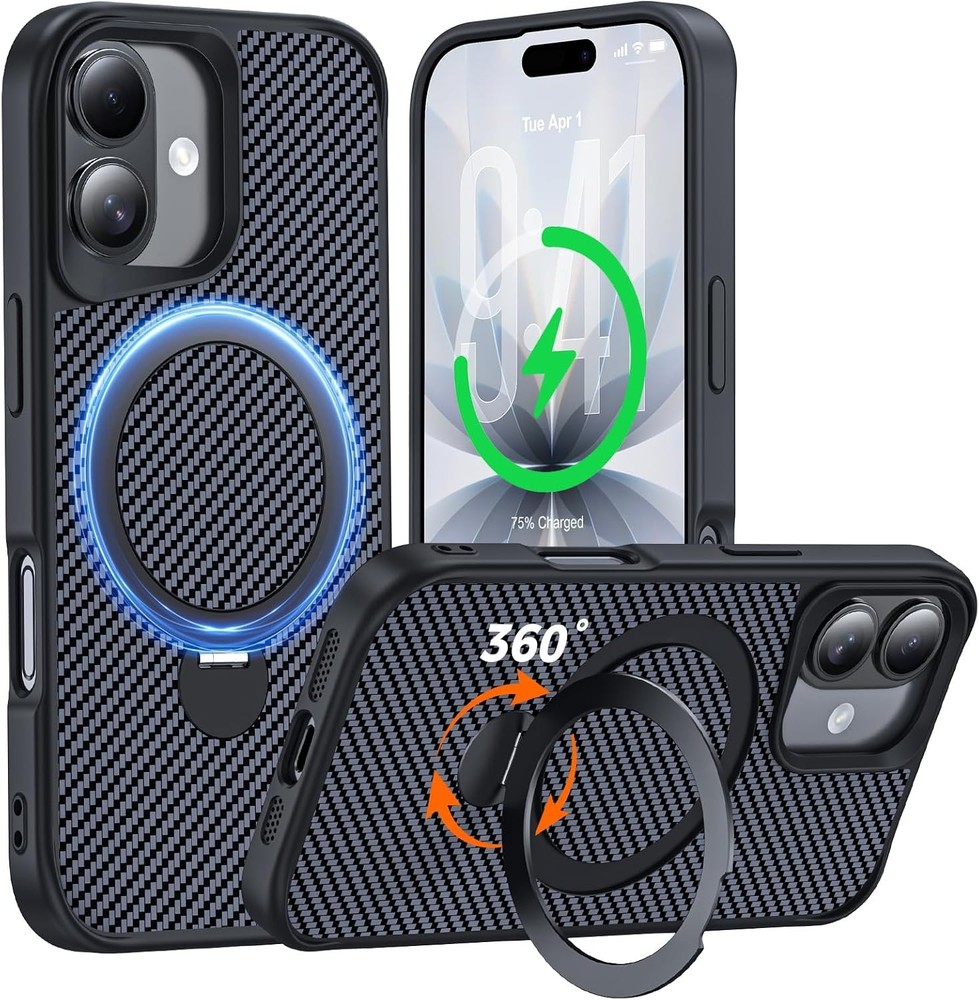 Carbon Fiber Phone Case for iPhone 17, Black, 360° Magnetic Stand, Military Grad