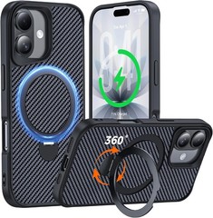 Carbon Fiber Phone Case for iPhone 17, Black, 360° Magnetic Stand, Military Grad