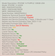 Apple iPhone 14 128GB Purple A2649 Unlocked Broken No Power #H216