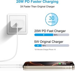 Fast Charging 20W USB-C Charger Block with 10FT Cable for iPhone 15/16/17 Series