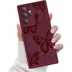 Samsung Galaxy S23 Ultra Case, Soft Silicone Shockproof Burgundy Red Butterfly C