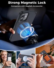 Carbon Fiber Phone Case for iPhone 17, Black, 360° Magnetic Stand, Military Grad
