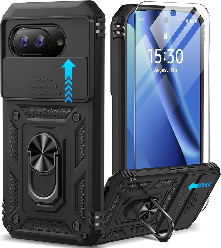 Google Pixel 10A Case with Screen Protector & Slide Camera Lens Cover, Black