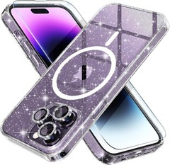 Magnetic Case for iPhone 14 Pro, Women Clear Glitter Bling Sparkly Case