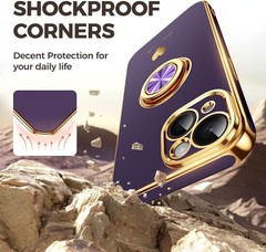 iPhone 13 Case with 2 Pack Screen Protector, 360° Rotatable Ring Holder – Purple