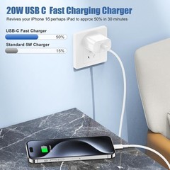 10ft 20W USB-C Fast Charger Adapter for iPhone 17 Pro Max/16 Pro Max