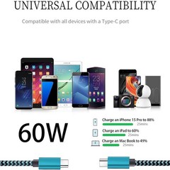 3 Pack 60W Type-C Fast Charger for iPhone 17/16, Samsung Galaxy S25/24/23 3Ft