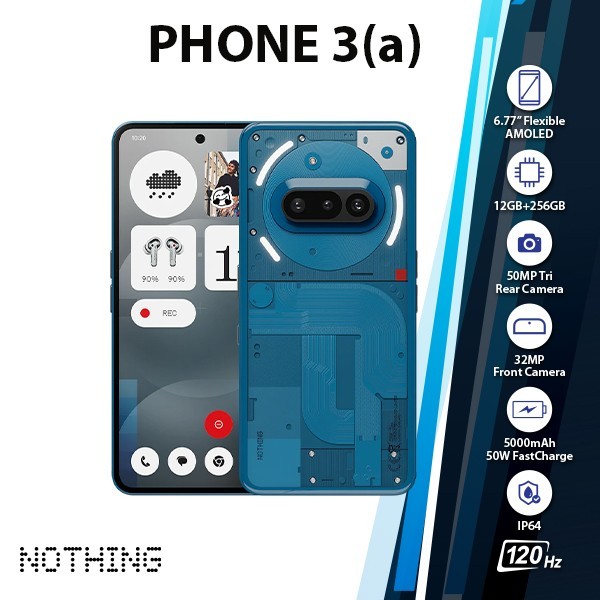 Nothing Phone 3(a) 5G Android Cell Phone (BLUE/12GB+256GB/Dual SIM/Unlocked)