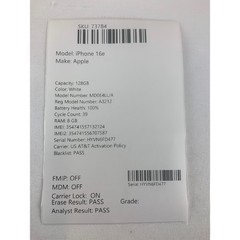 Apple, iPhone 16e, 128GB, A3212, White, AT&T