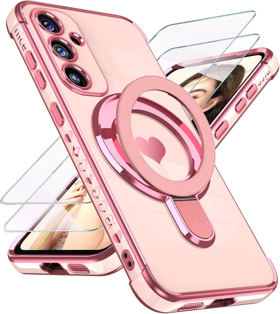 Cute Pink Kickstand Case with Love Heart Design & 2X Screen Protector for S25 FE