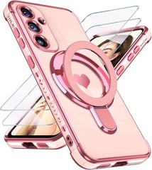 Cute Pink Kickstand Case with Love Heart Design & 2X Screen Protector for S25 FE