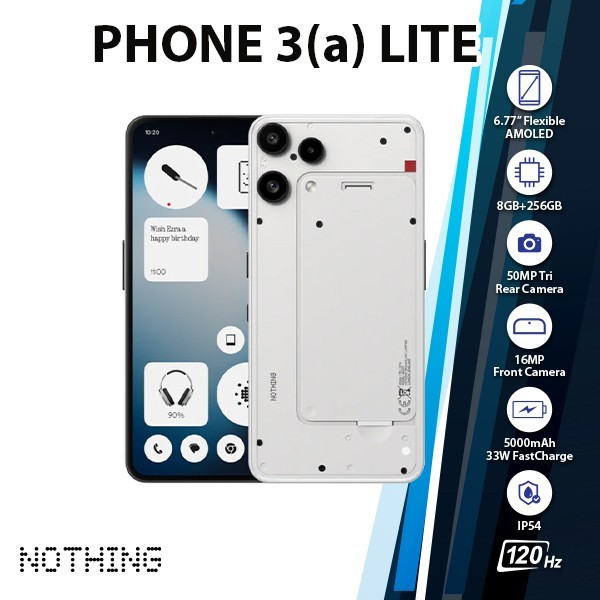 Nothing Phone 3(a) Lite Android Cell Phone (WHITE/8GB+256GB/Dual SIM/Unlocked)