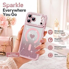 Magnetic for iPhone 17 Pro Max Case Glitter Clear Cute Love Heart Sparkle Cover