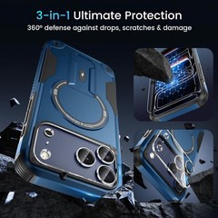 3 in 1 for iPhone 17 Pro Max Case, Invisible Kickstand, HD Screen Protector, Blu