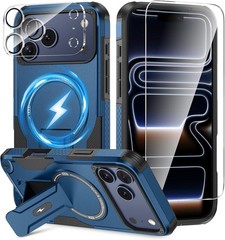 3 in 1 for iPhone 17 Pro Max Case, Invisible Kickstand, HD Screen Protector, Blu