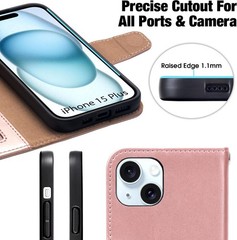 iPhone 15 Plus Case with Card Holder and Wrist Strap Wallet Flip Cover, Rose Gol