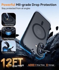 Upgraded Shockproof Black Case for iPhone 16, Translucent Matte, Full Camera Pro