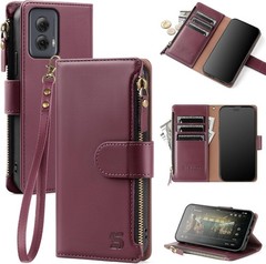 Wallet Case for Motorola Moto G Power 5G 2024, RFID Blocking PU Leather, Wine Re