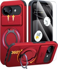 Google Pixel 10A Case, Dual-Layer Shockproof Protective, Kickstand, Red