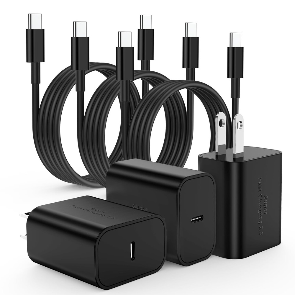 3-Pack 25W Fast Charging USB-C Block for Samsung Galaxy S24 Ultra with 6FT Cord