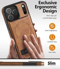 Magnetic iPhone 17 Pro Max Leather Case, Built-in Invisible Stand, Brown