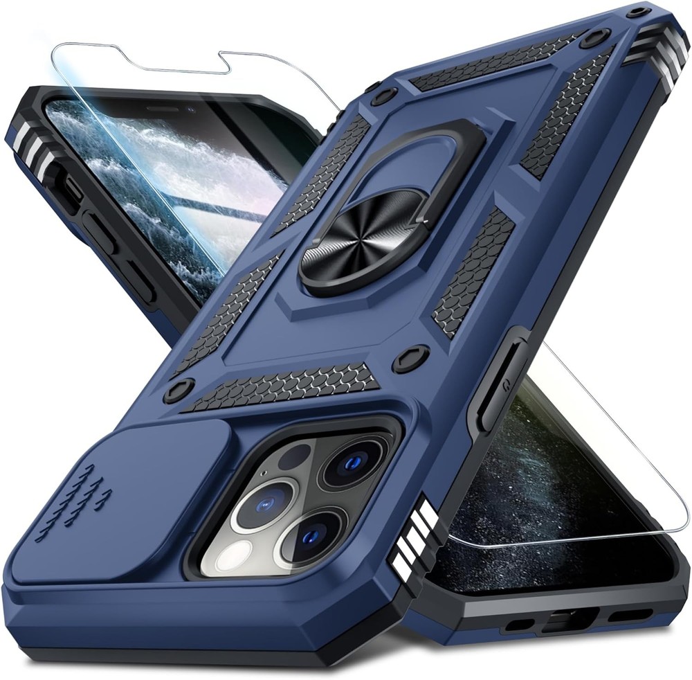 iPhone 15 Case Built in Slide Camera Lens Cover+Screen Protector, Heavy Duty Blu