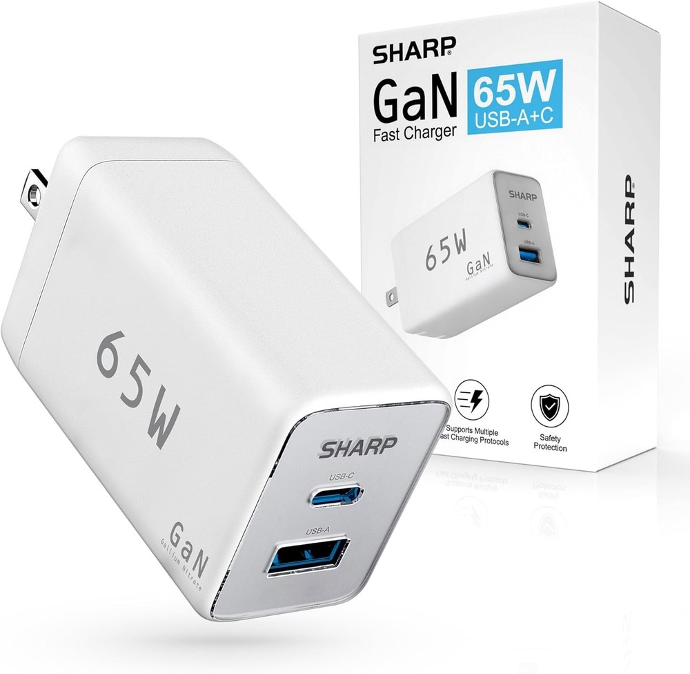 USB C Charger, 65W, 2 Port (USB A+C), Compact Foldable GaN Fast Charge – White